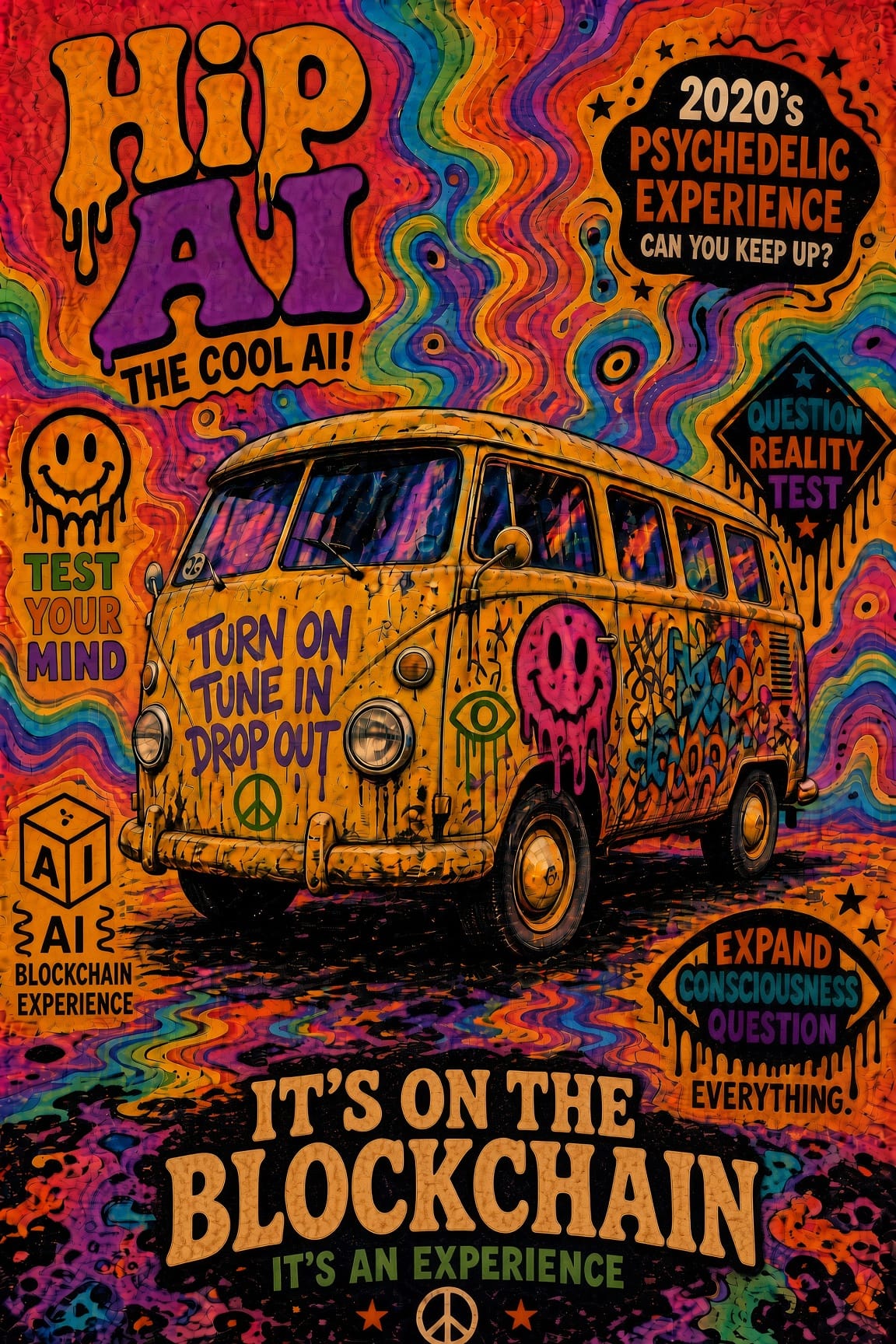 HipAI psychedelic poster with a yellow bus